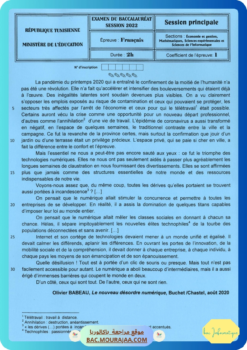 Sujet principale francais Bac 2022 – Section info